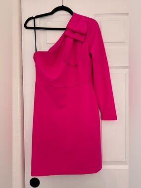 Donna Morgan One-Shoulder Fuchsia Sheath Dress with Bow Detail